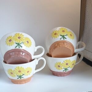 Floral Ceramic Teacup Set - Yellow and Brown